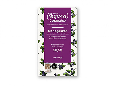 Mléčná čokoláda 58,5 % Madagaskar s českými borůvkami 50g MÍŠINA ČOKOLÁDA