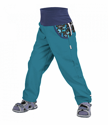 Dětské softshellové kalhoty Unuo bez zateplení smaragdové, pejsci